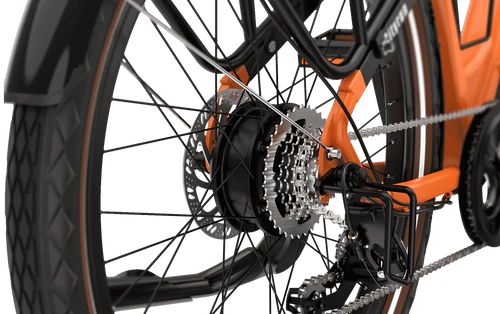 Close-up view of HEYBIKE Cityrun's rear wheel and 1000W motor.