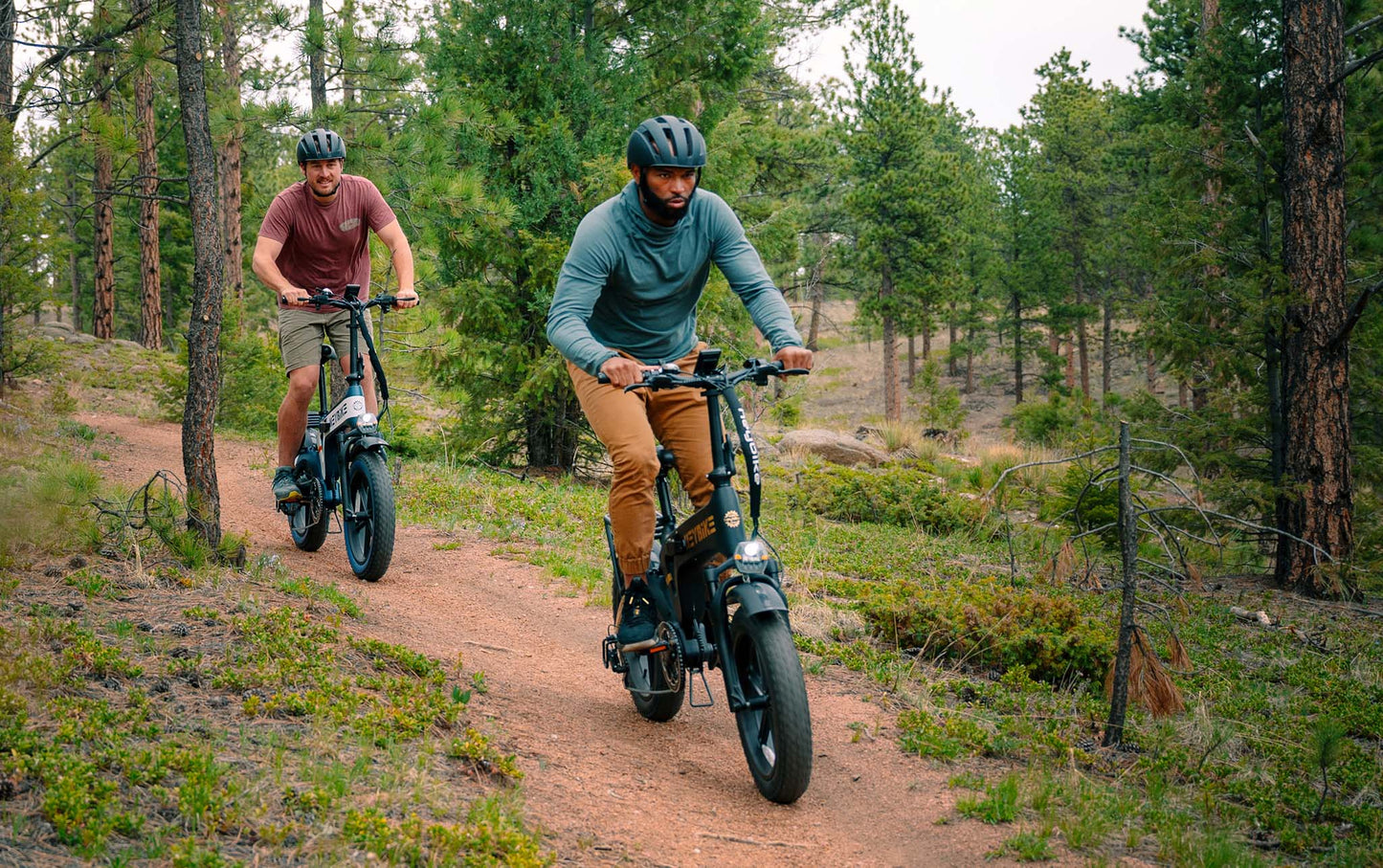 HEYBIKE Tyson e-bike in use on forest trail for off-road riding.