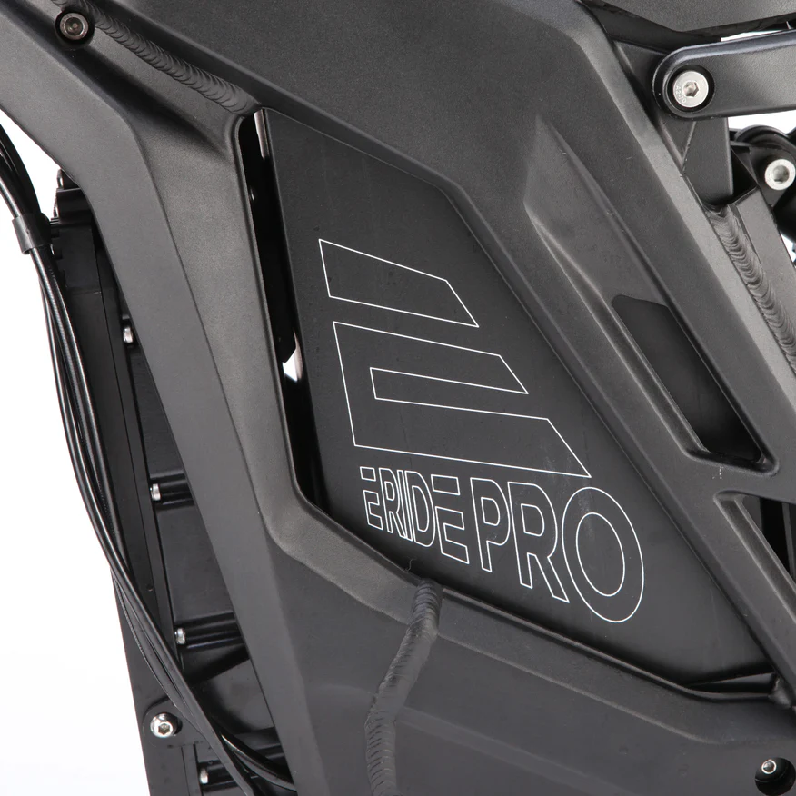 E Ride Pro SR electric dirt bike with full suspension and knobby tires for off-road trail riding