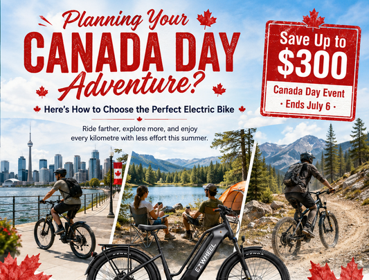 Promotional poster for Canada Day electric bike event with scenic views and text.