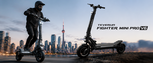 Split banner image featuring rider riding Teverun Fighter Mini Pro V6 electric scooter alongside stationary unit, Toronto city skyline dusk background with TEVERUN FIGHTER MINI PRO