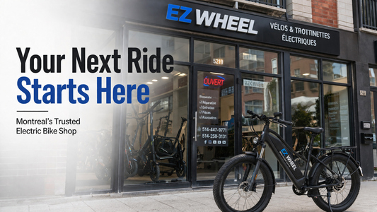 EZWheel local electric bike shop Montreal store view, electric fat tire e-bike parked in front of physical retail store with French service signage