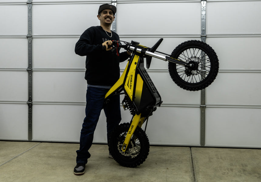 Heybike Villain riding on dirt path