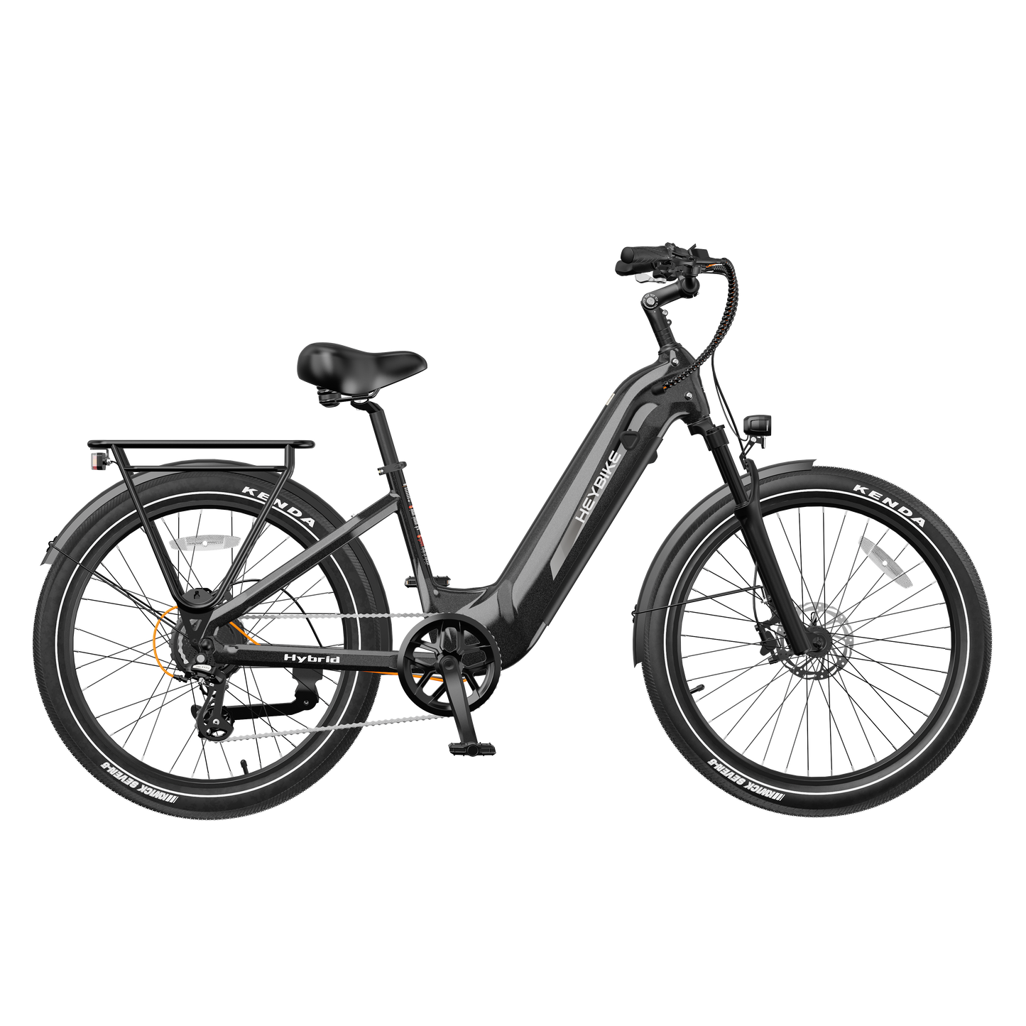 Heybike Hybrid Commute Bike electric bicycle with aluminum frame and rear cargo rack