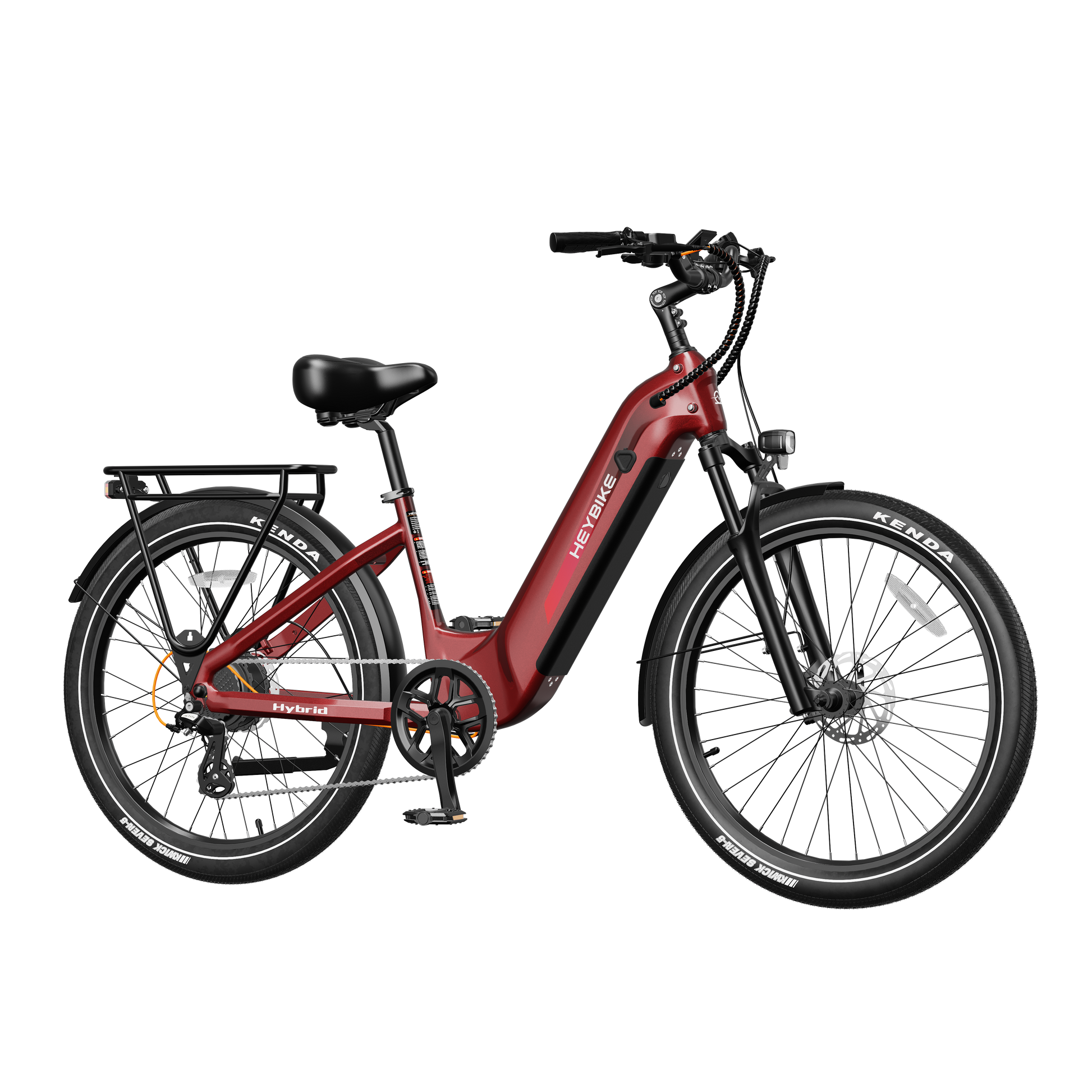 Heybike Hybrid Commute Bike with 750W motor, aluminum frame, hydraulic suspension, and rear cargo rack for urban commuting and recreational riding