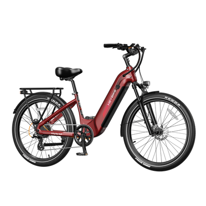 Heybike Hybrid Commute Bike with 750W motor, aluminum frame, hydraulic suspension, and rear cargo rack for urban commuting and recreational riding