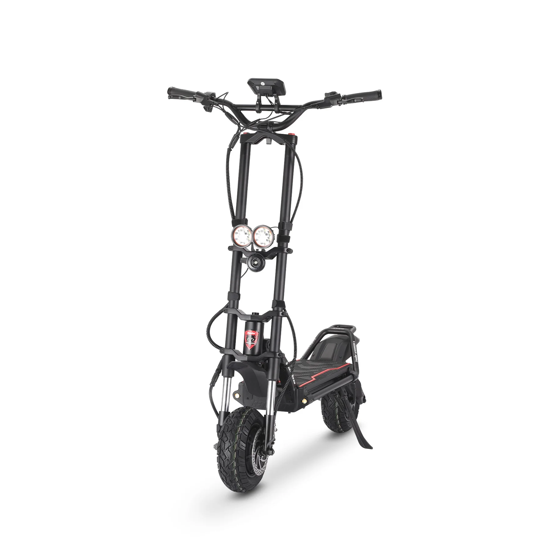 Kaabo Wolf Warrior 11 Max electric scooter in rugged terrain with dual motors and hydraulic suspension